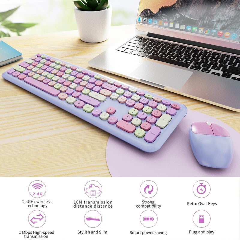 SkyGive Wireless Keyboard and Mouse Combo, Colorful Ergonomic Full Size Retro Low-Noise Keyboard with Cute keycaps, Compatible with Windows, PC, Perfer for Home and Office Keyboards (Purple) - Image 2